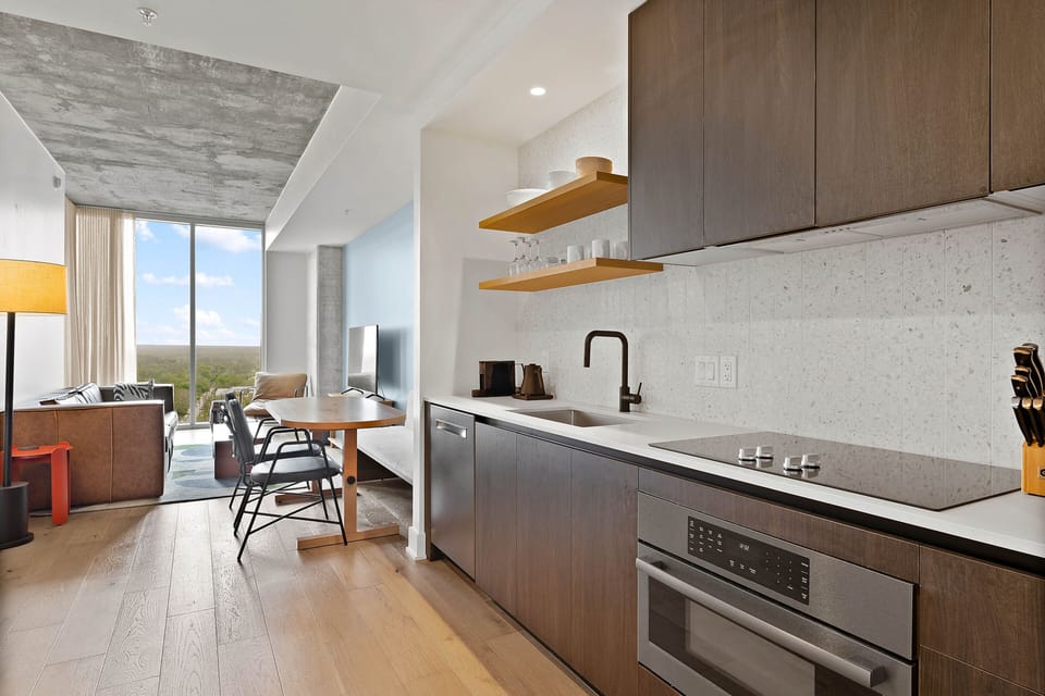 Luxury Condo, 1 King Bed with Sofa bed, Balcony, City View | Private kitchen | Full-size fridge, microwave, oven, stovetop