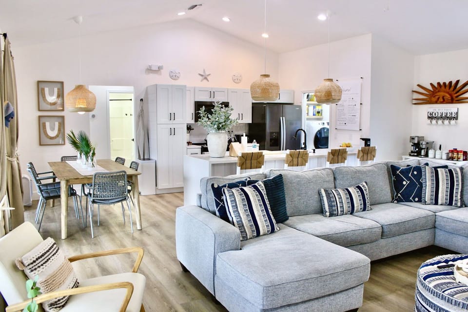Open-concept kitchen, dining, and living area