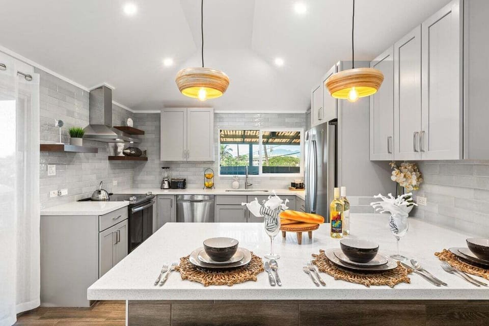 Gather around the island for casual dining in a kitchen that feels like home