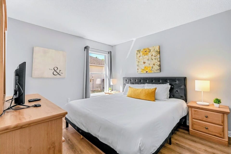 The fourth bedroom is at the end of the hall, passing the kids bedrooms, and has its own TV and an ensuite full bathroom