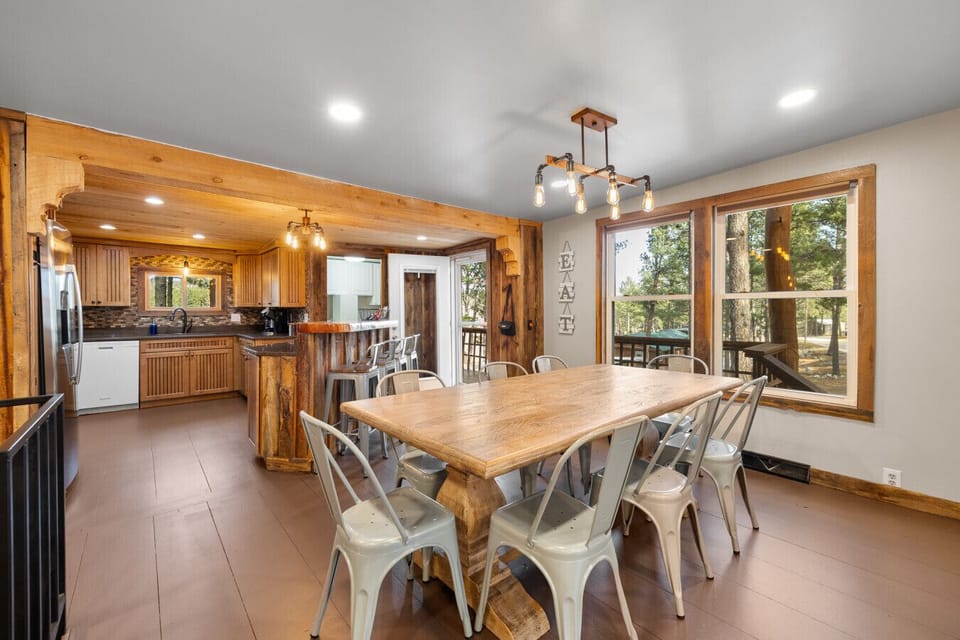 Modern kitchen and dining area on the upper level