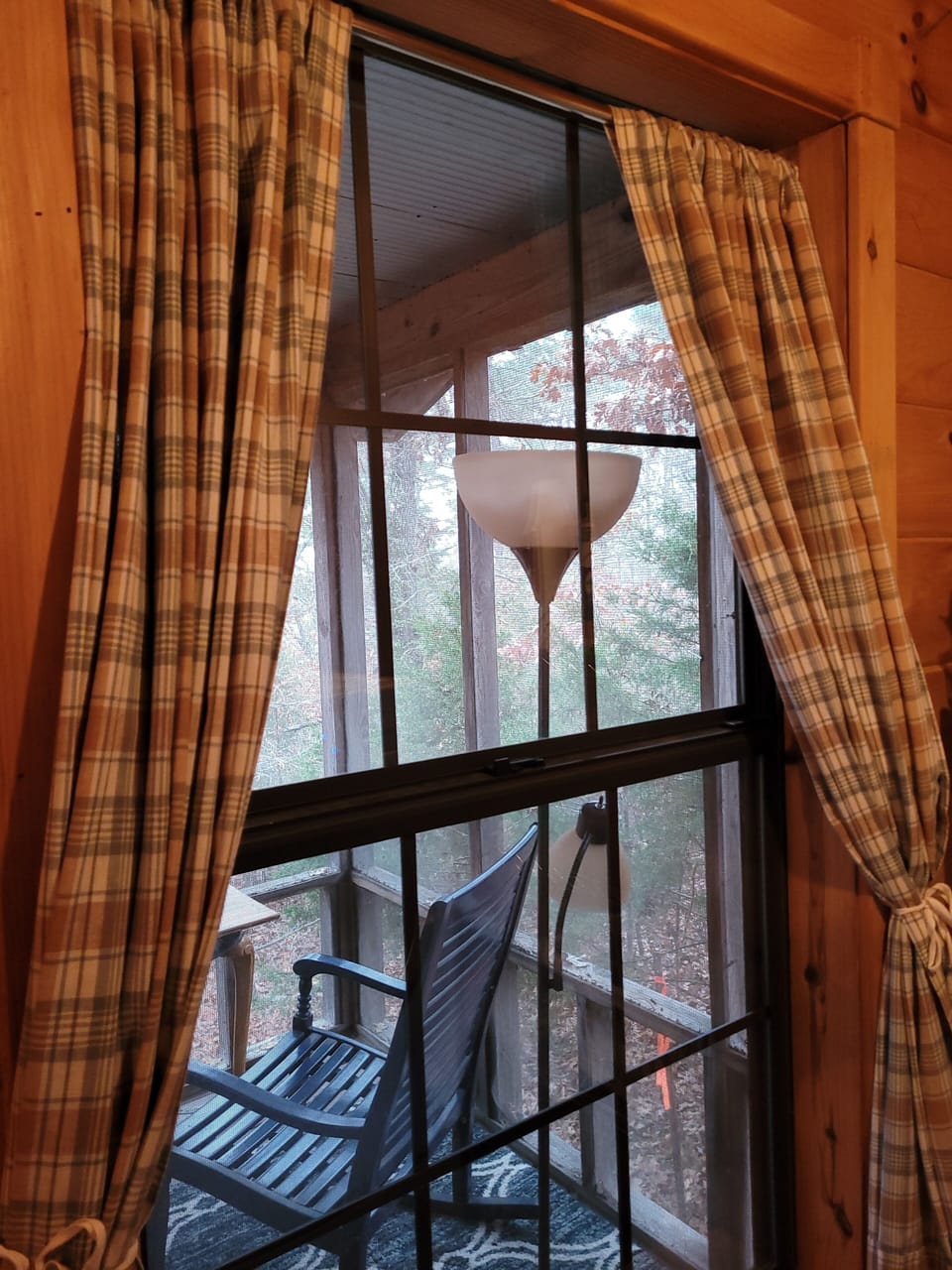 Looking out the bunk room area onto the back porch - great for cooler mornings!