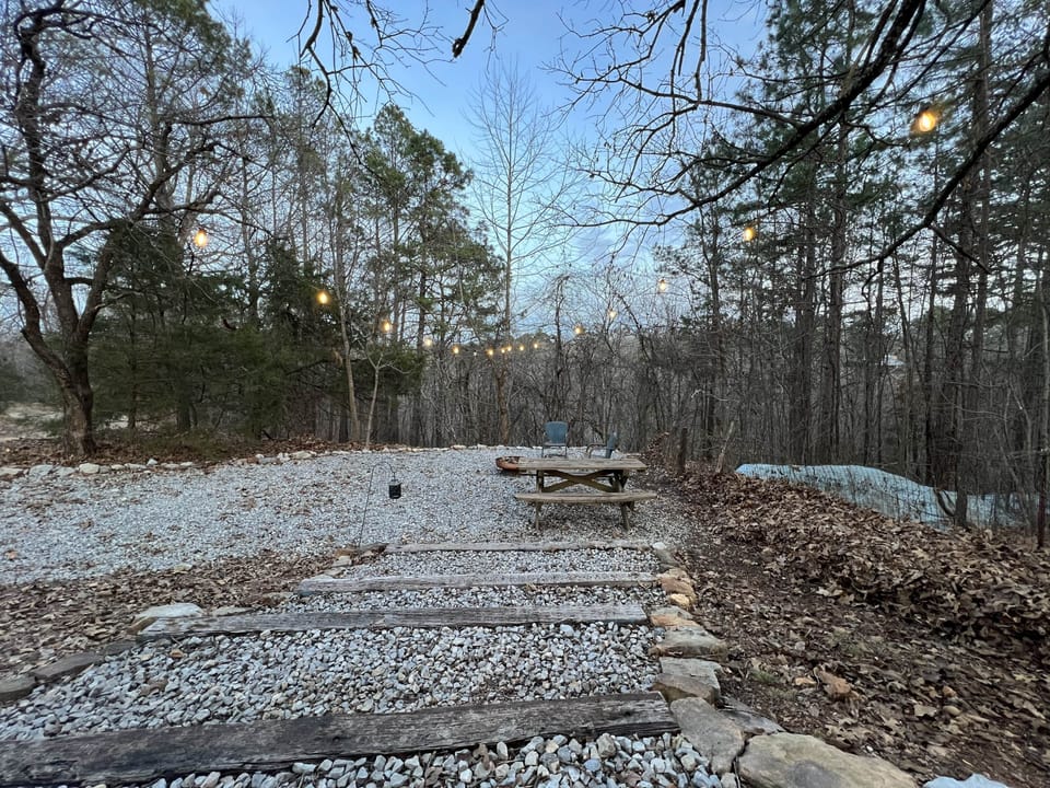 Terraced steps to firepit & picnic table. View of forest (we are adjacent to Buffalo National River)