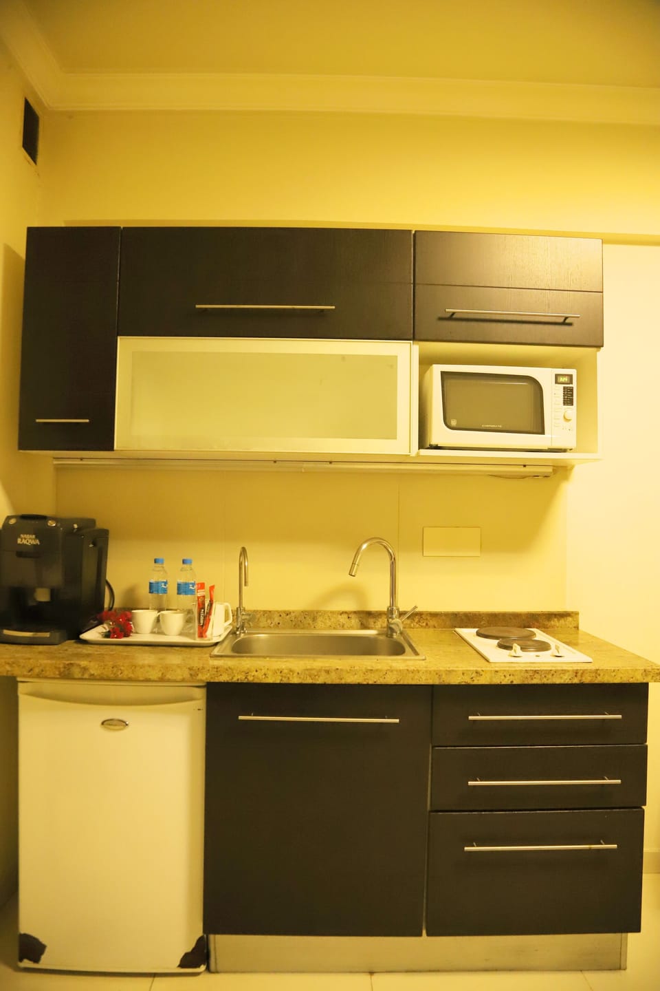 Mini-fridge, microwave, stovetop, paper towels
