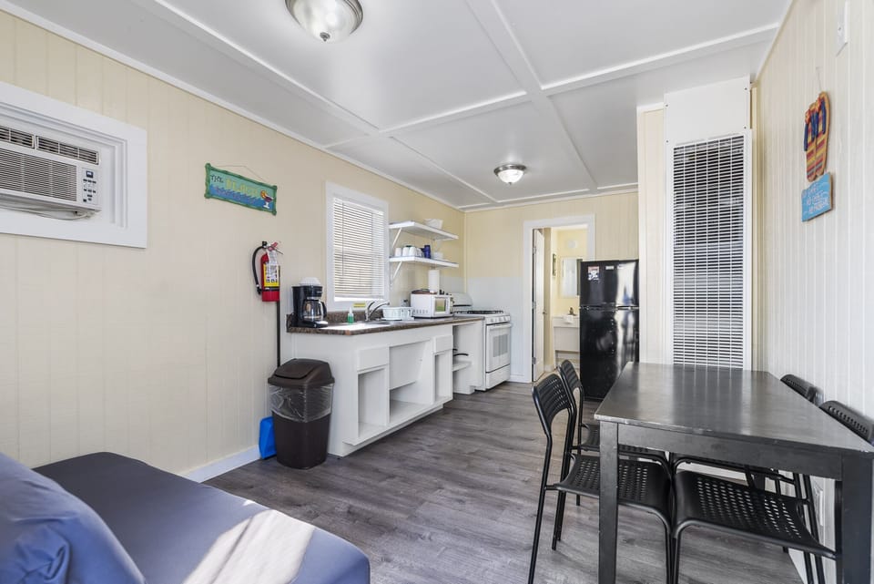All cottages have a kitchen with refrigerator, stove, microwave, and coffee pot.