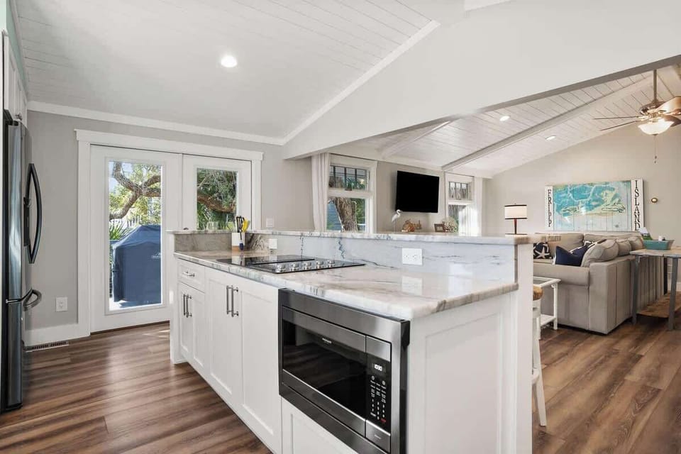 Kitchen and Island Bar with Built in Microwave