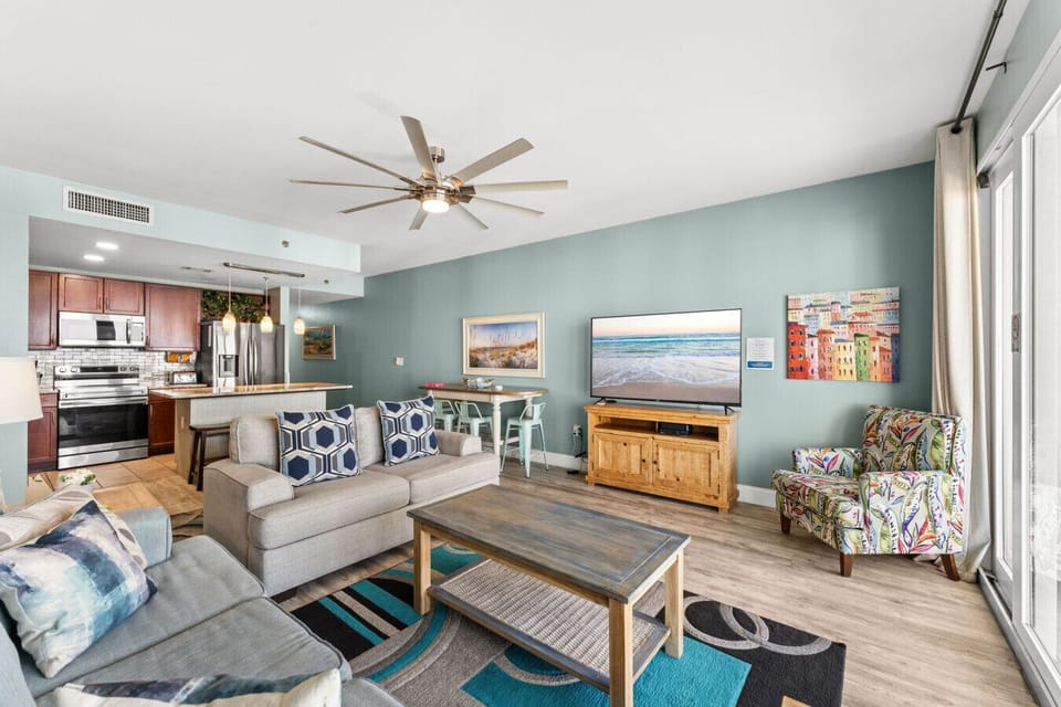 Ocean View Living Area with Balcony Access, Sleeper Sofa and Flat Screen TV