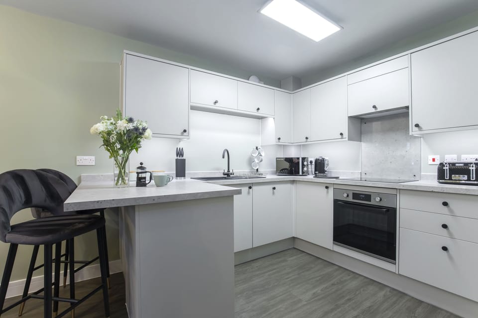Apartment | Private kitchen | Full-size fridge, microwave, oven, stovetop