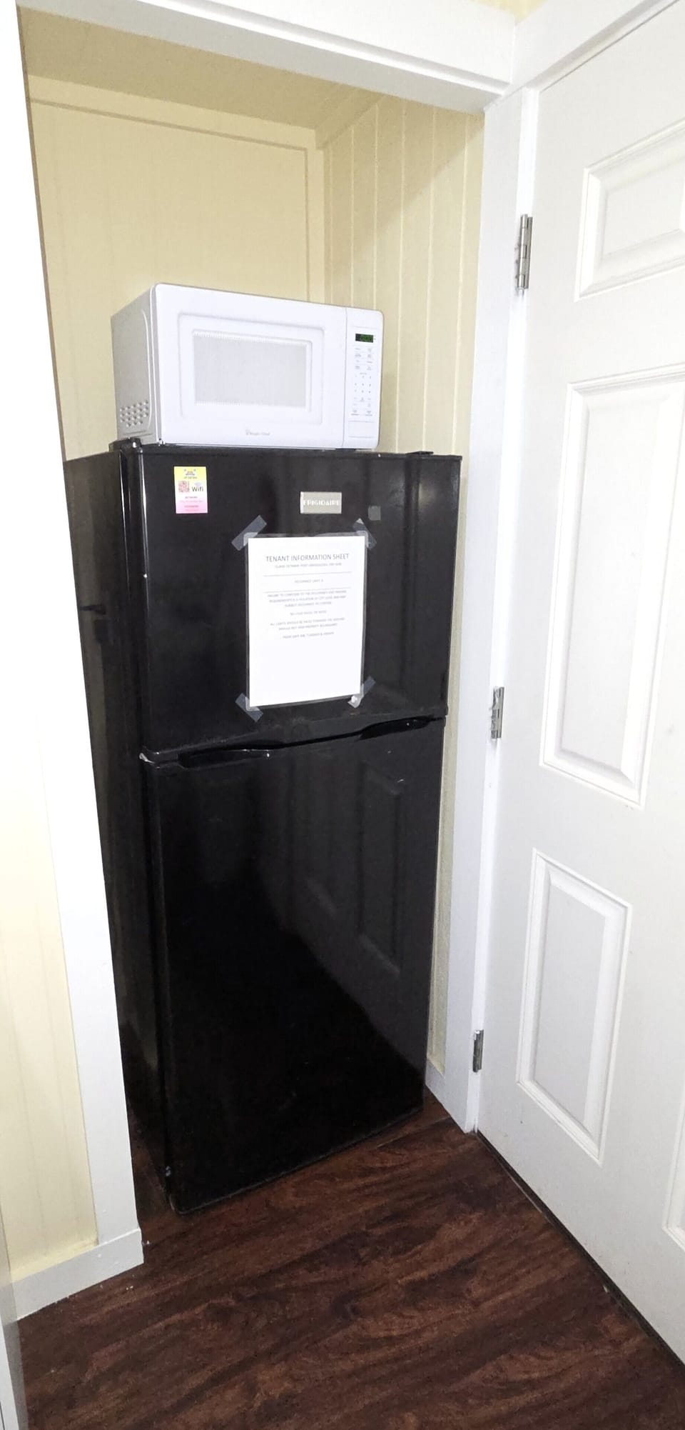 The kitchen has a refrigerator/freezer