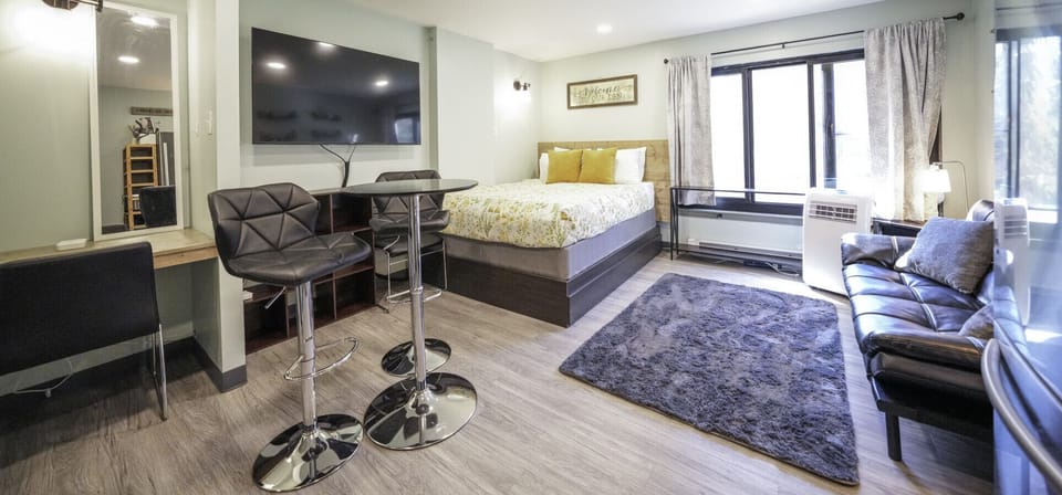 Queen size bed, futon couch, and storage in cubicles and drawers attached to bed. Portable AC.