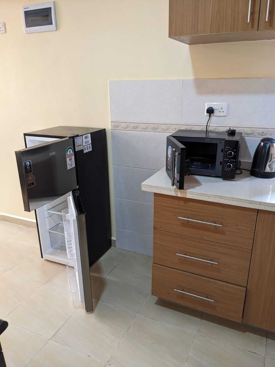 Fridge, microwave, oven, electric kettle