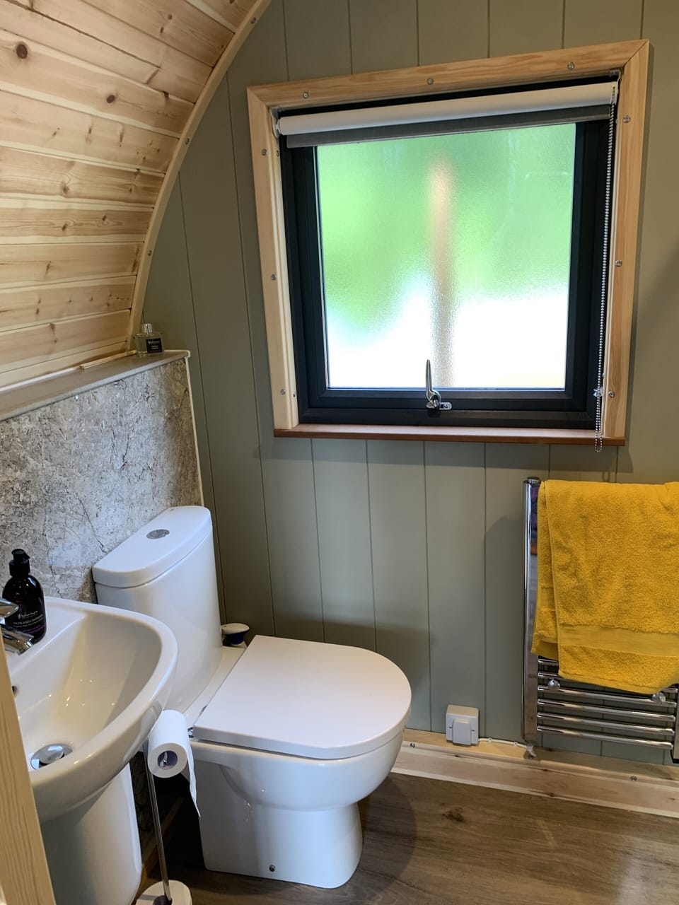Shower room with toilet and washhand basin - heated towel rail