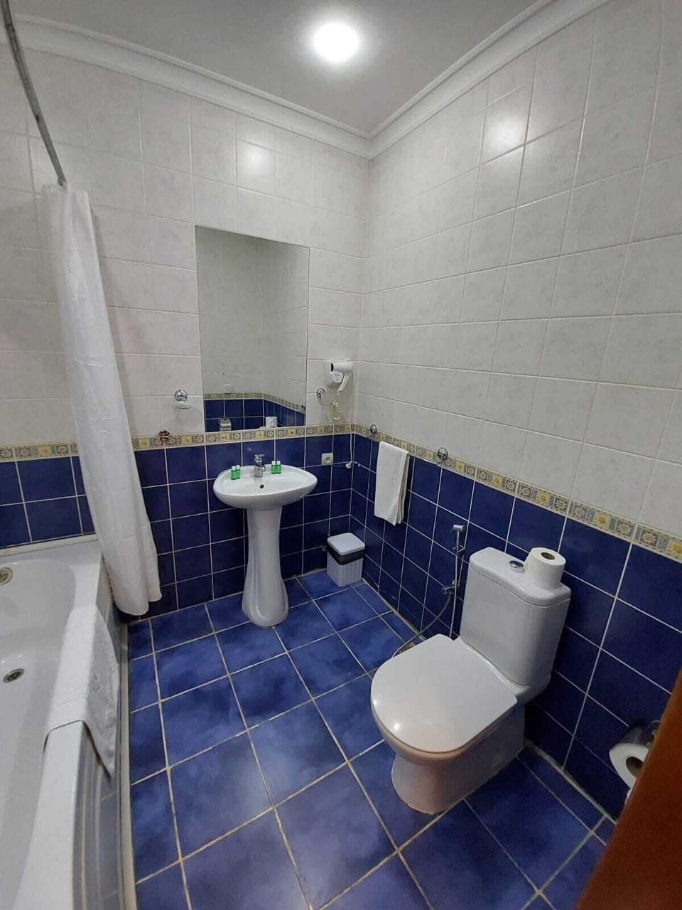Shower, rainfall showerhead, free toiletries, hair dryer