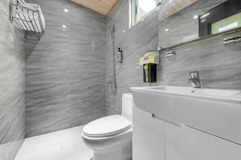 Shower, hair dryer, towels, shampoo