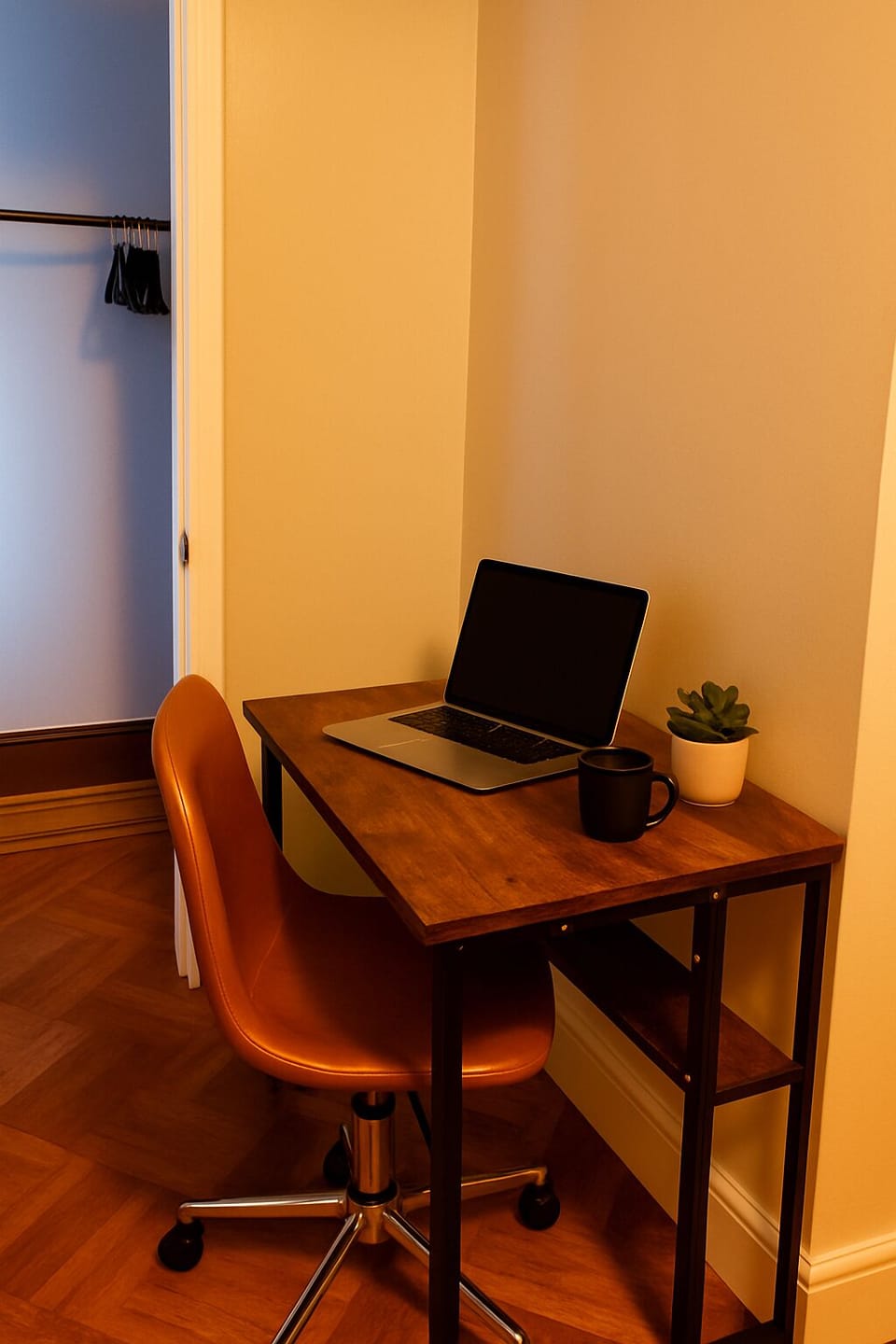 💻 Work-friendly corner with desk, chair, and natural lighting