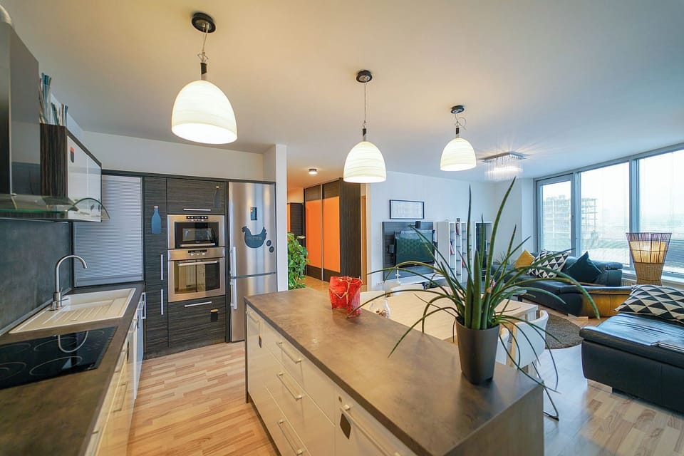 Slavic Spacious Apartment by CHORS | Private kitchen | Full-size fridge, microwave, oven, stovetop
