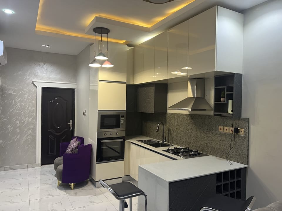 Full-size fridge, microwave, oven, electric kettle
