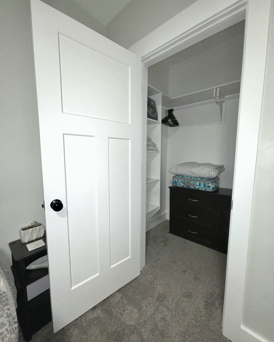 Tons of space to hang and organize all of your clothing.  We provide hangers and an iron and ironing board if needed.