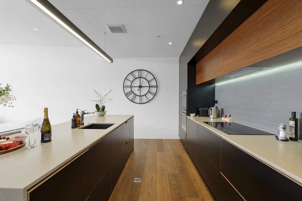Large kitchen with bright lighting