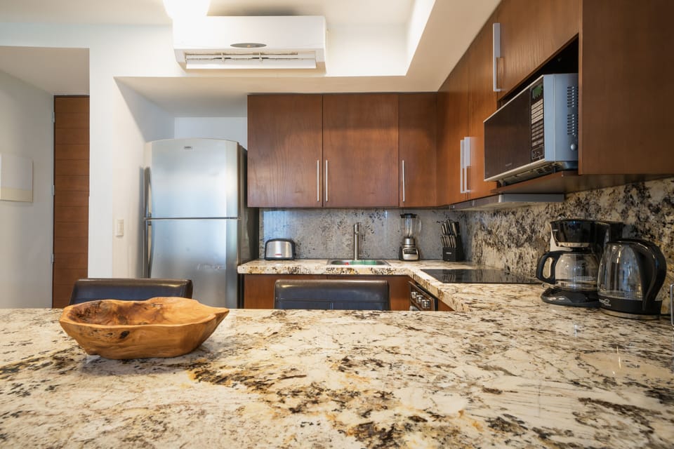 Deluxe Apartment | Private kitchen | Full-size fridge, microwave, toaster, blender