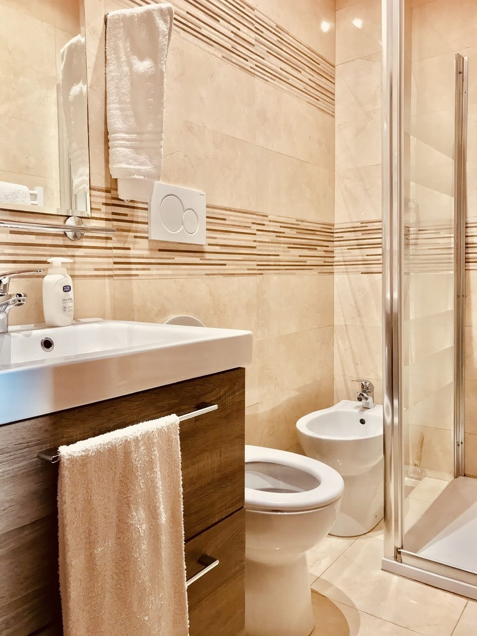 Shower, free toiletries, hair dryer, bidet