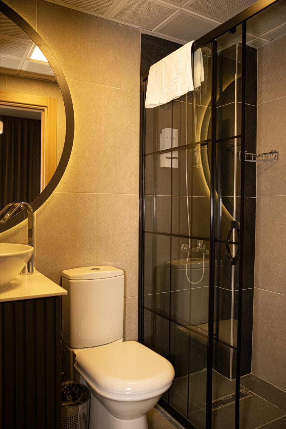 Shower, rainfall showerhead, hair dryer, slippers