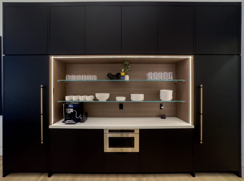 Built in fridge/freezer, drawer microwave, Jura automatic coffee maker included.
