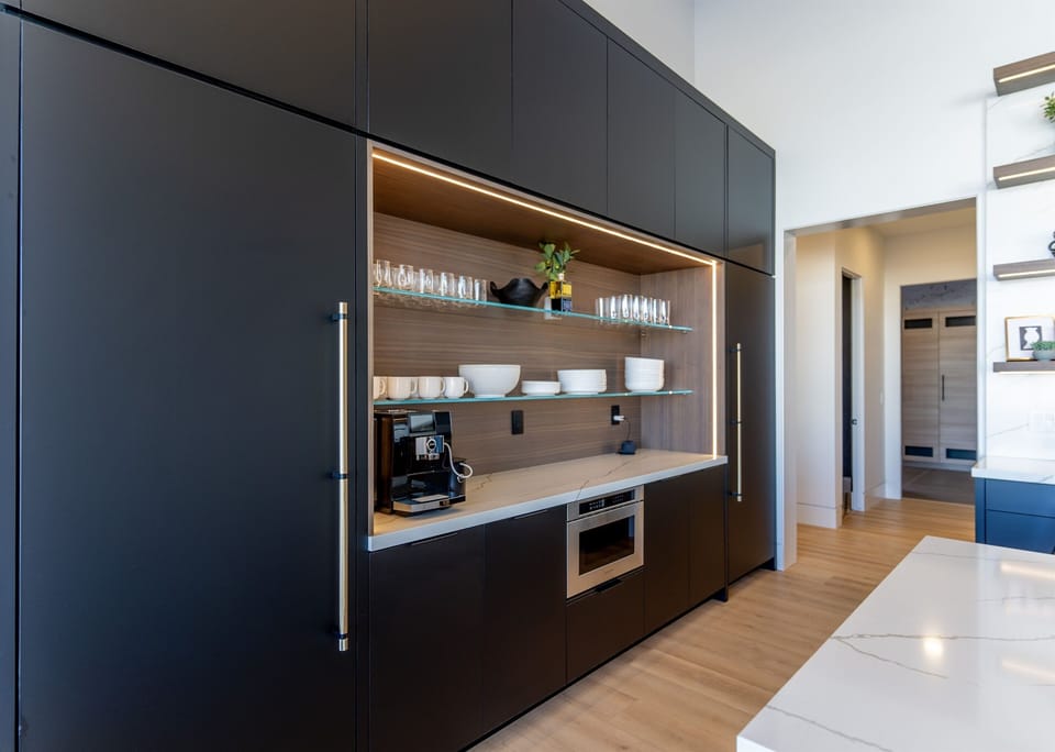 Built in fridge/freezer, drawer microwave, Jura automatic coffee maker included.