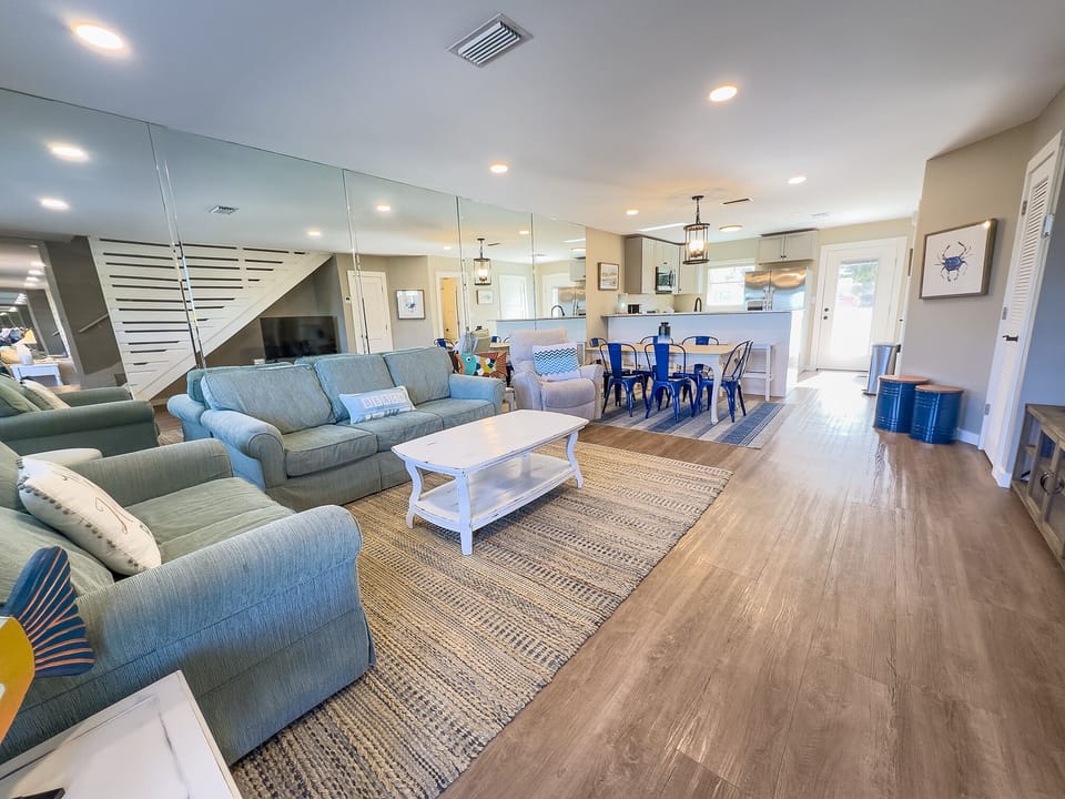 Spacious open living room with queen sleeper sofa