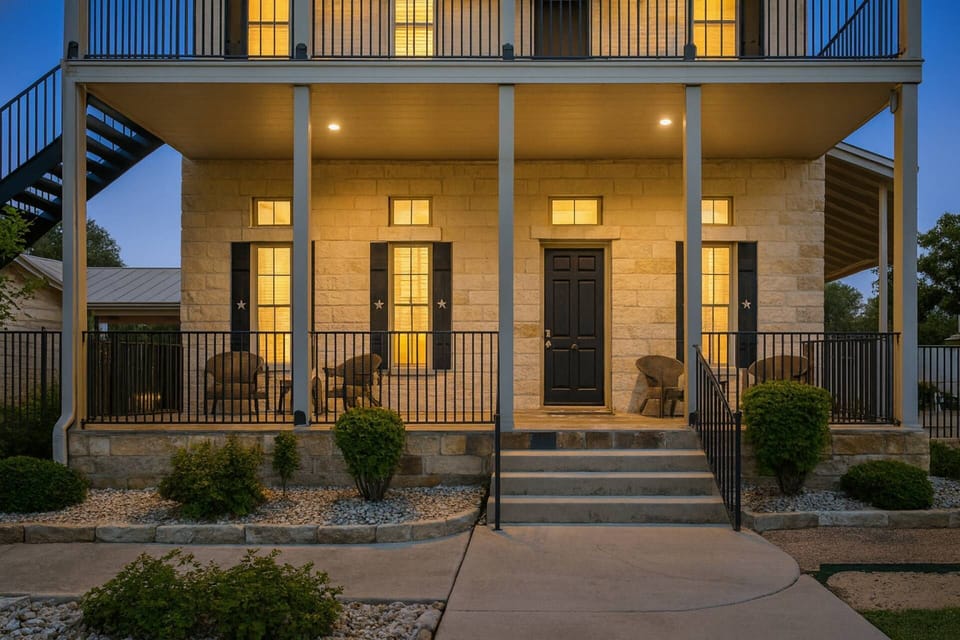 Exterior view. #24 at Gruene Silo Inn is located on the ground floor, behind the main house.