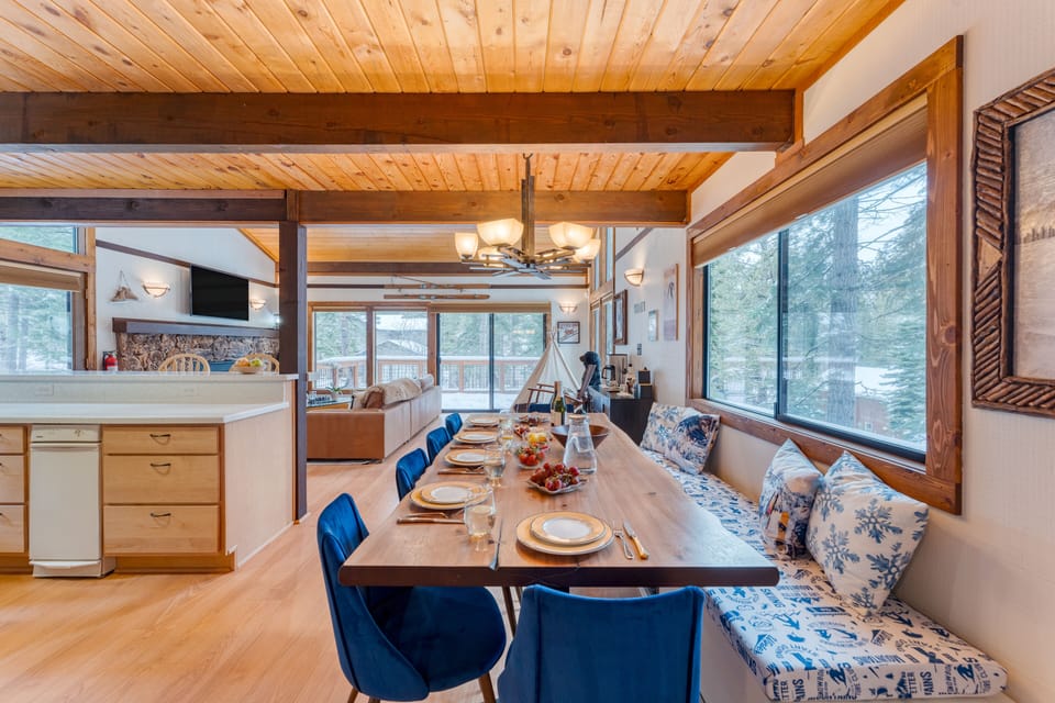 Dining table features a bench.
