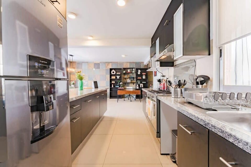 A fully-equipped kitchen.