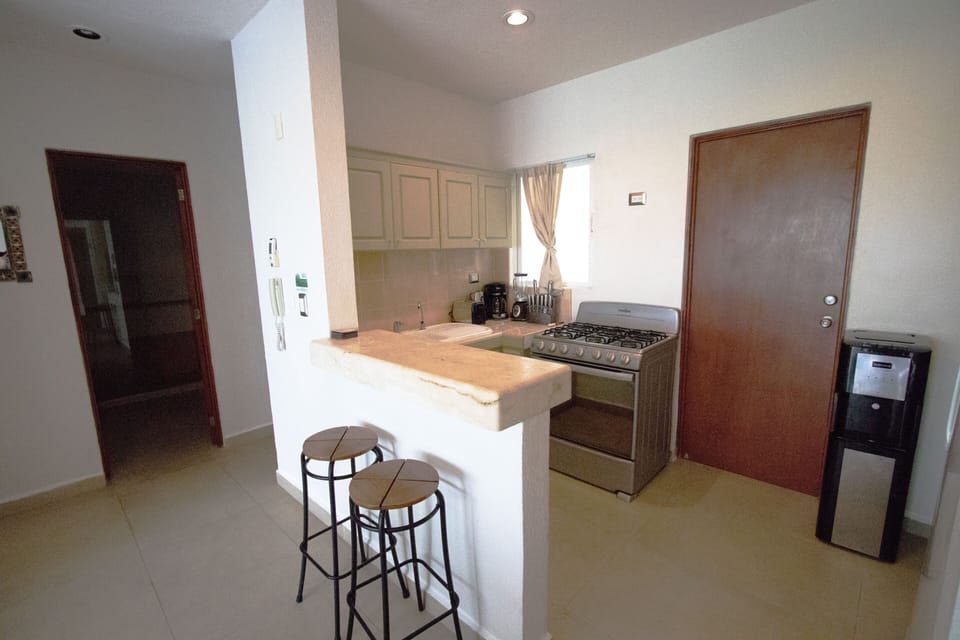 Deluxe Condo | Private kitchen | Full-size fridge, microwave, toaster, blender