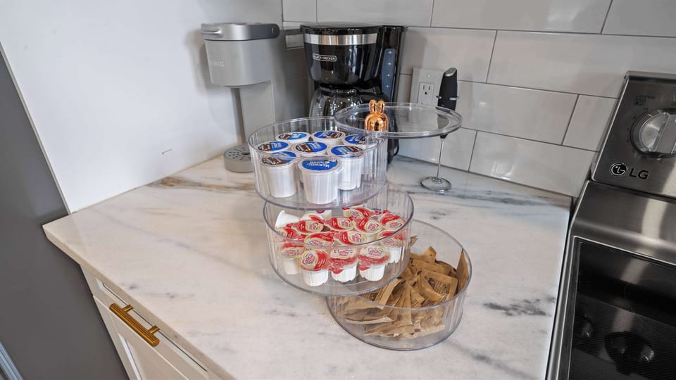 We always provide K-Cups, Creamer and Sugar for your stay! 