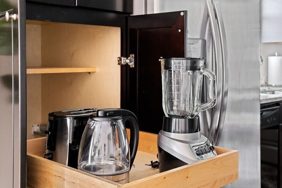 You'll find everything you need to whip up something quick or an elaborate meal. Even a rice cooker.