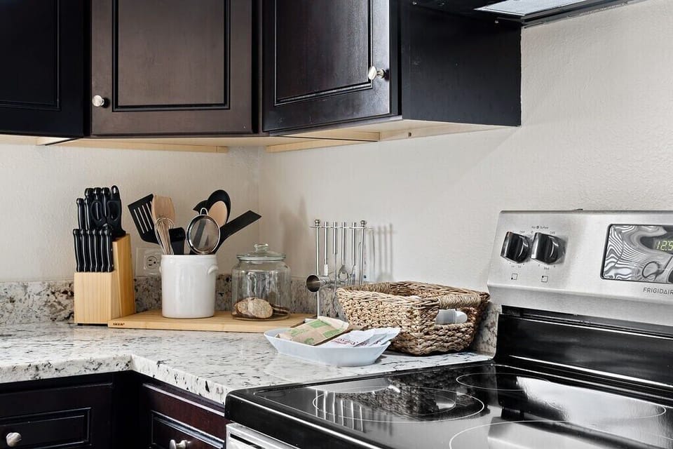 All of the utensils you might need for cooking, plus a few extra treats to tide you over.
