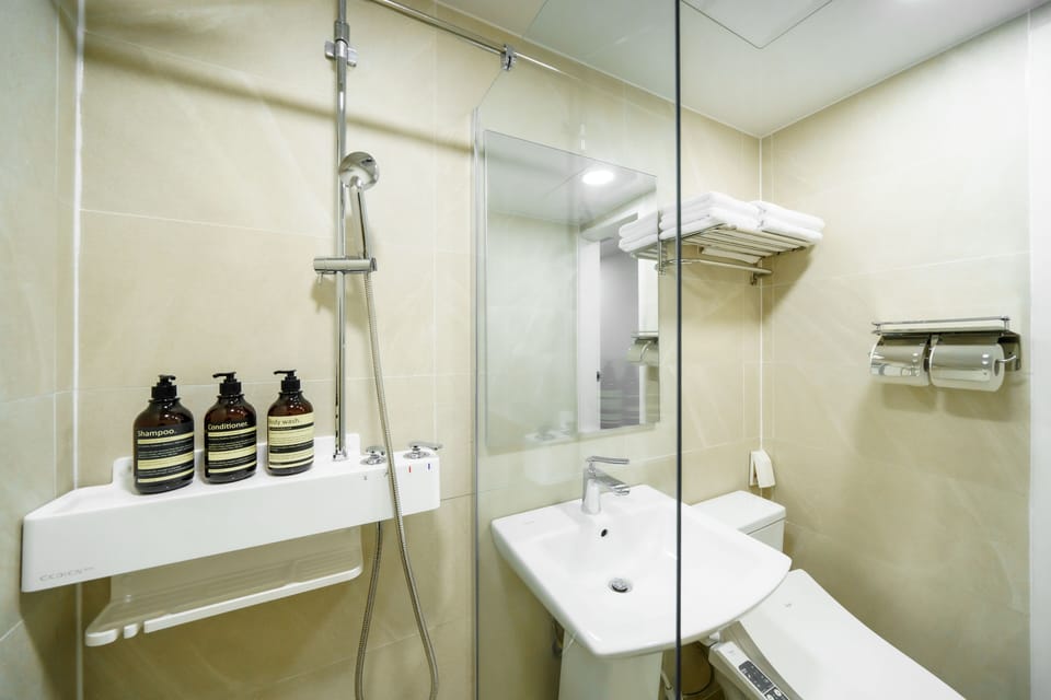 Shower, hair dryer, slippers, bidet
