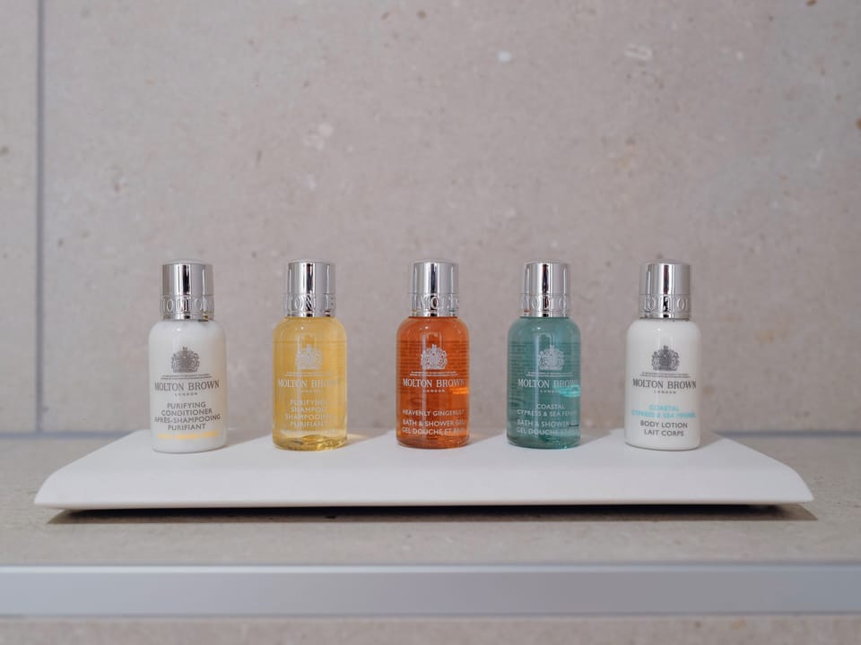 Shower, designer toiletries, hair dryer, towels