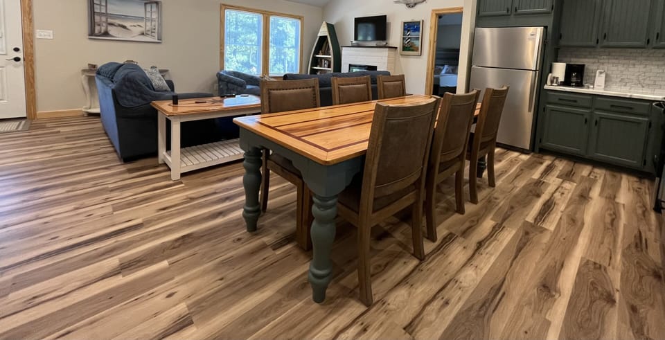 Customer made dining room table with comfortable dining chairs 