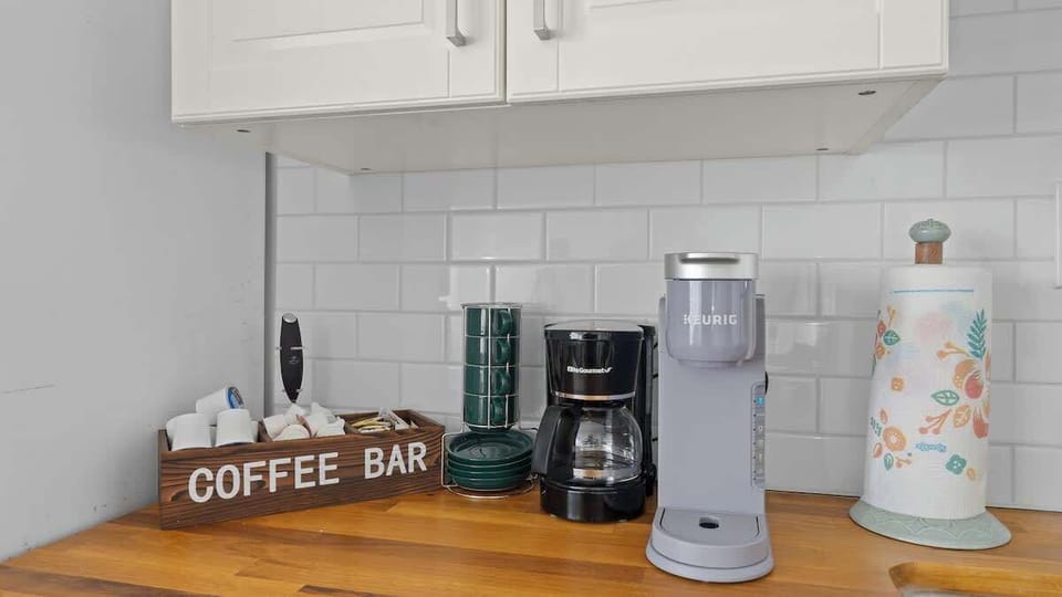Coffee Bar with Keurig, Coffee maker, Frother, Stove Top Kettle and espresso cups