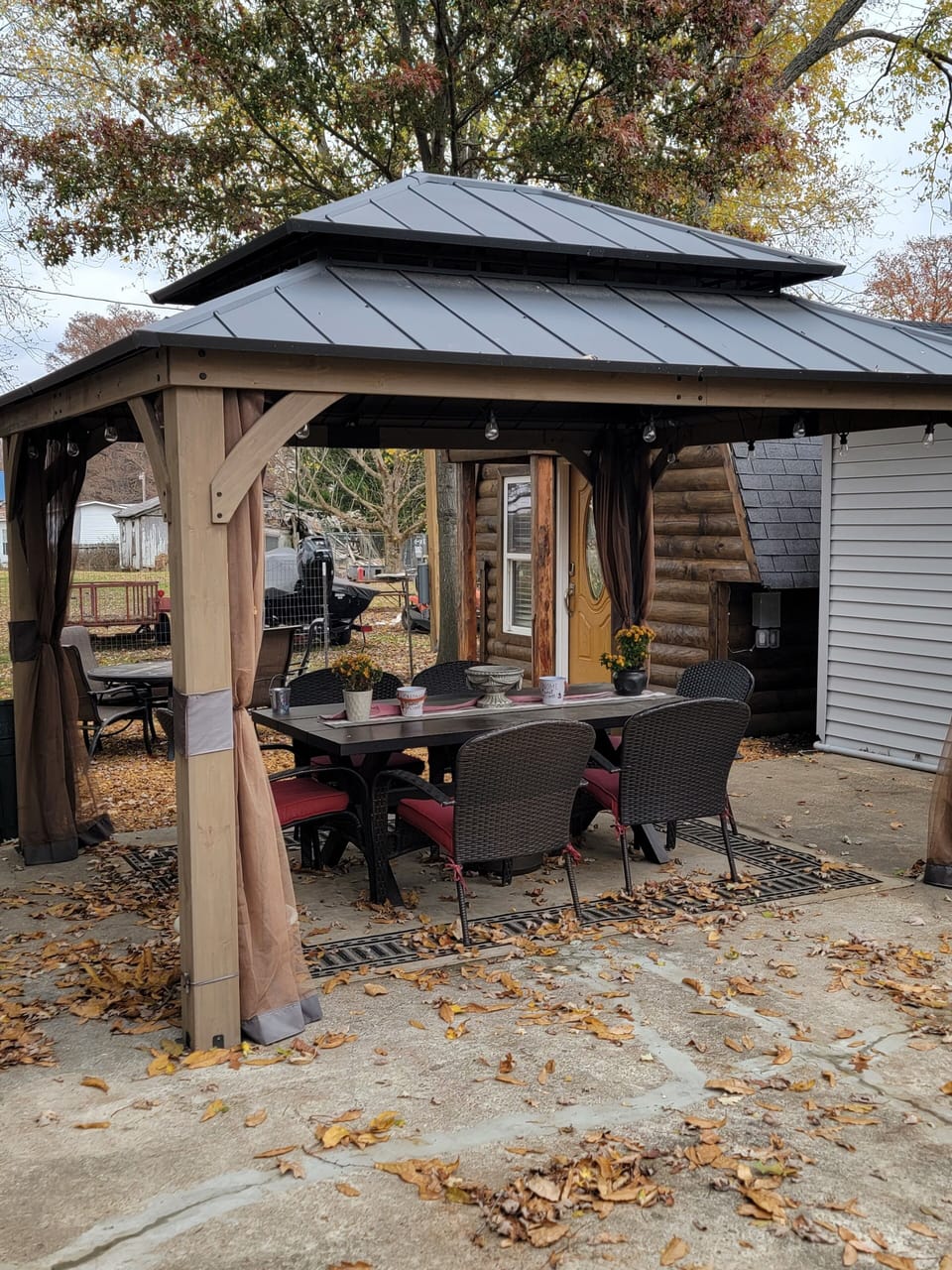 Gazebo, right outside the door.
eat your lunch drink your coffee have a beer