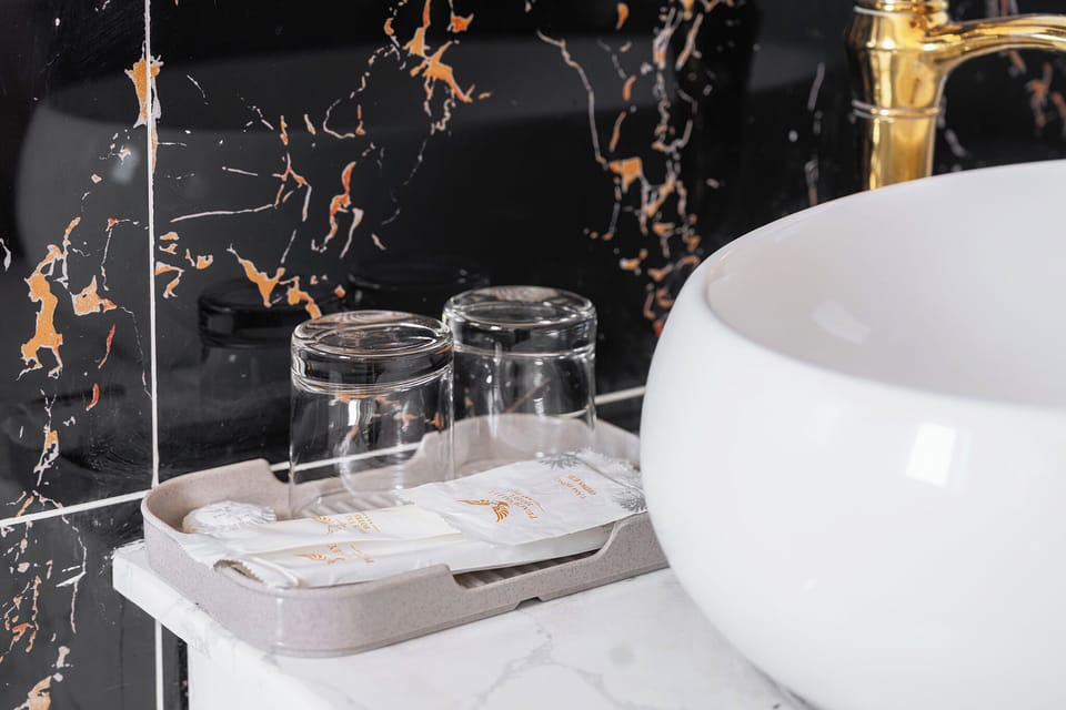Shower, hydromassage showerhead, designer toiletries, hair dryer
