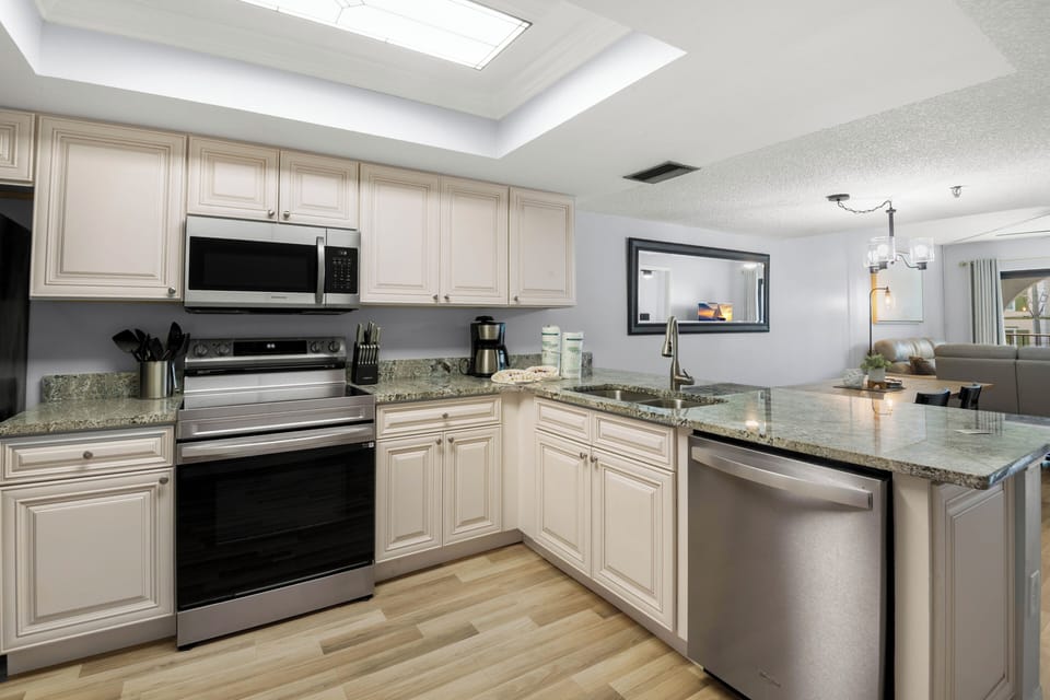 The kitchen is fully equipped for making meals and for added convenience