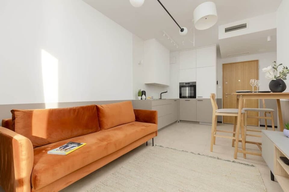 Living room with TV with cable channels and Smart TV function, sofa bed and kitchenette.