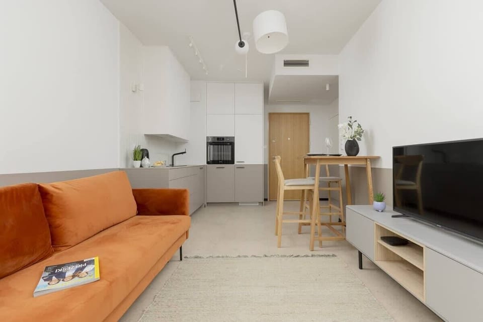 Living room with TV with cable channels and Smart TV function, sofa bed and kitchenette.