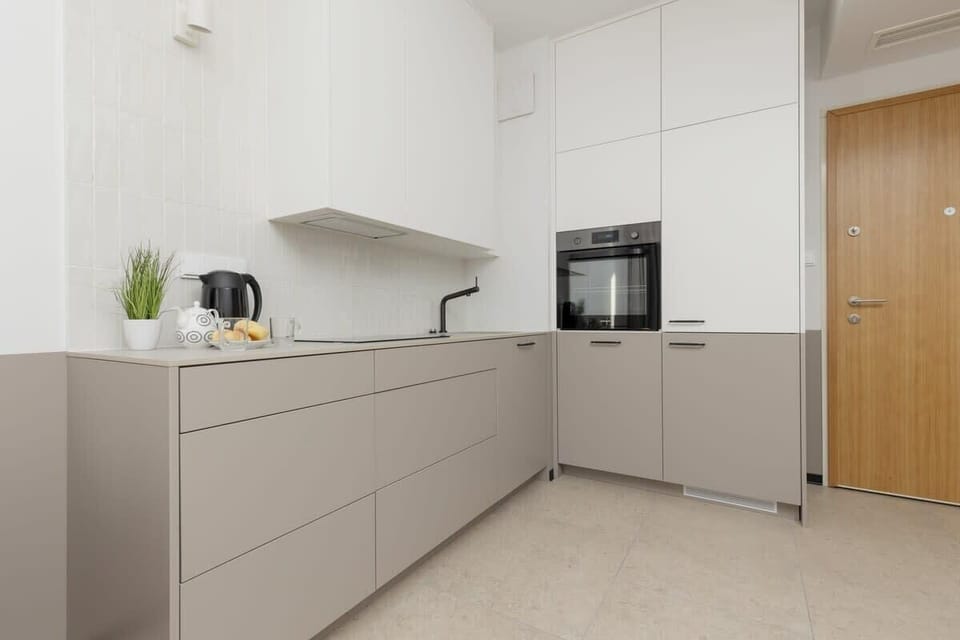 Kitchenette with an induction hob, refrigerator with freezer, oven, dishwasher, electric kettle and dining area.