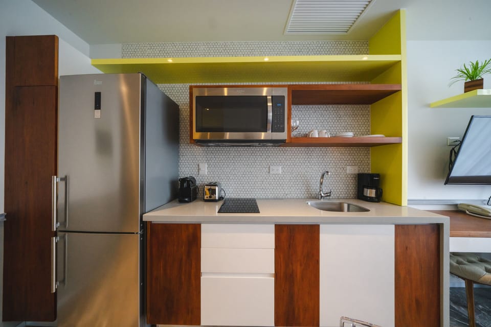 Deluxe Condo | Private kitchen | Full-size fridge, microwave, toaster, blender