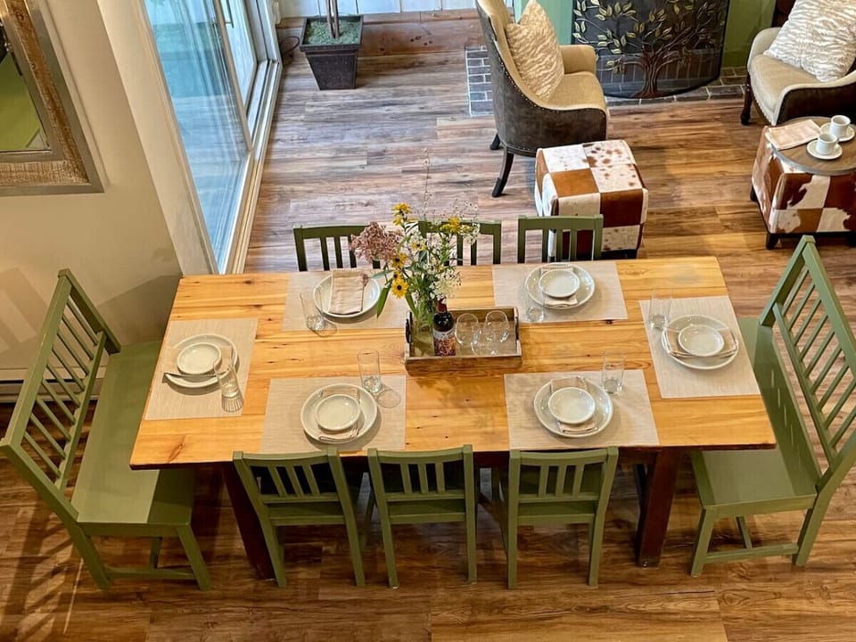 A spacious and elegant dining table.