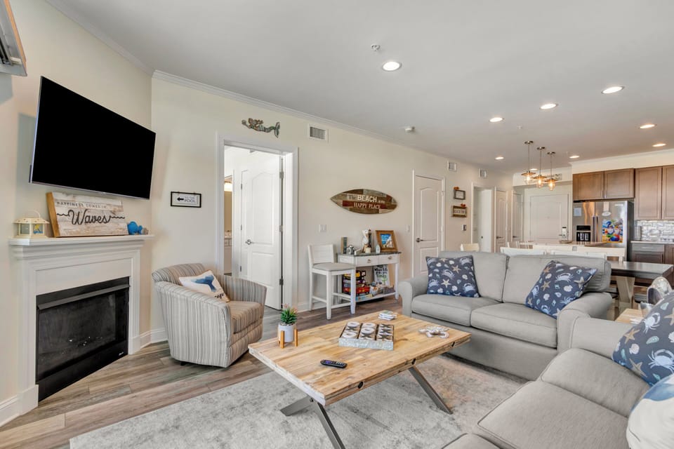 Smart TV and gas fireplace in Living room.