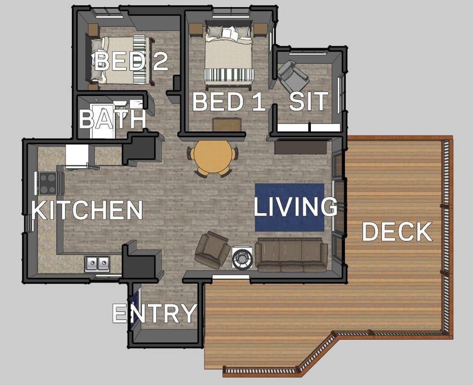 Open Floor Plan with 2 private bedrooms, recently renovated in 2024!